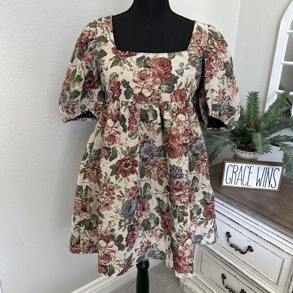 New Bohme Dress Puff Sleeve Mini Dress Floral Size Medium Retro Couch Print